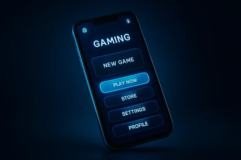 Gaming App Showcase Modern smartphone floating with dark premium gaming app UI and glow