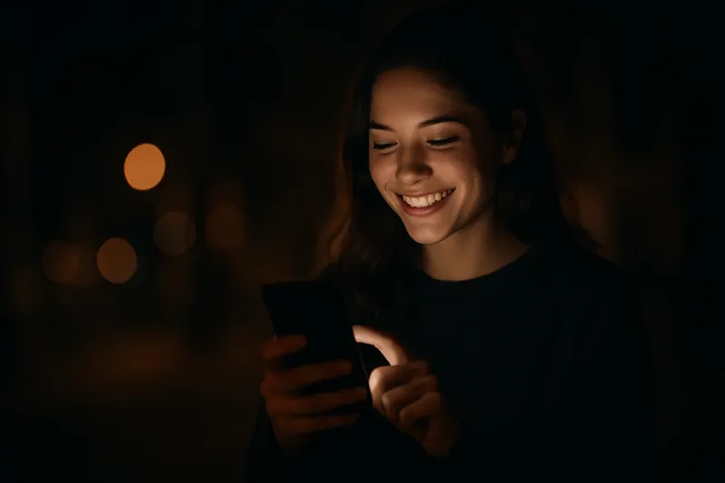 Warm Phone Glow Young person smiling while tapping phone in warm screen light