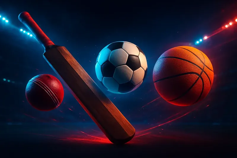 Cricket bat and ball with football and basketball in neon stadium