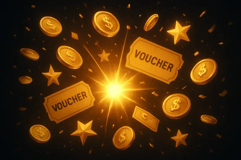 Golden coins, voucher tickets, and stars exploding from bright flash