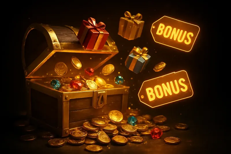 Golden treasure chest bursting with coins, gems, gifts and bonus tags
