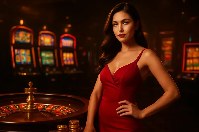 Elegant woman in red dress beside roulette and slot machines