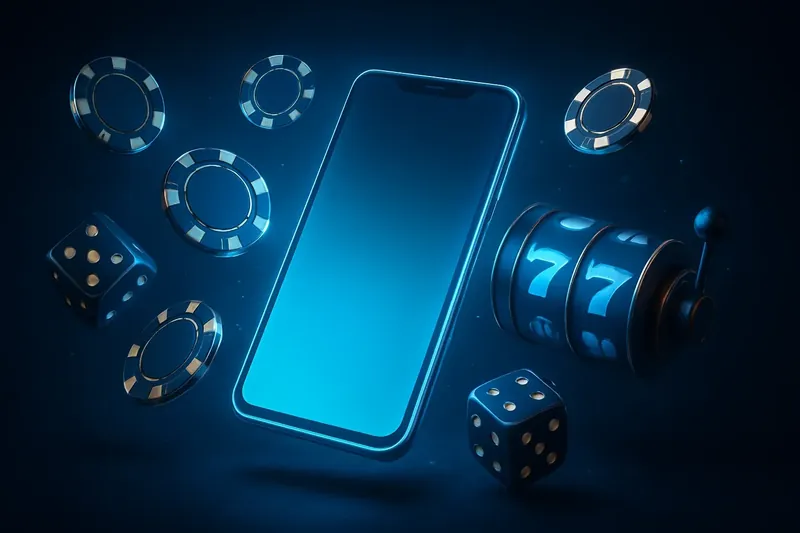 Glowing smartphone with floating casino chips, dice, and slot reels
