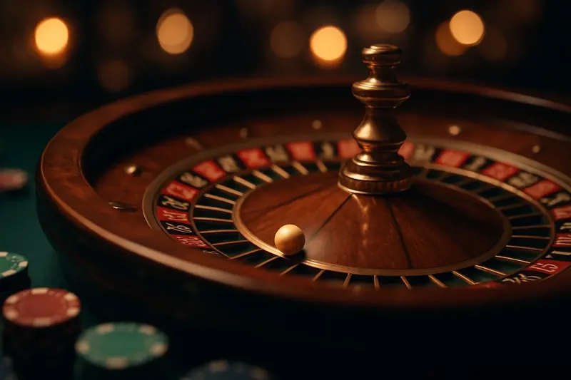 Close-up roulette wheel spinning with golden ball and bokeh lights