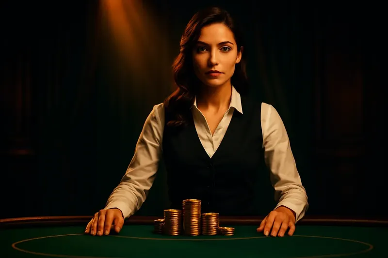 Professional female dealer behind green felt table with golden chips