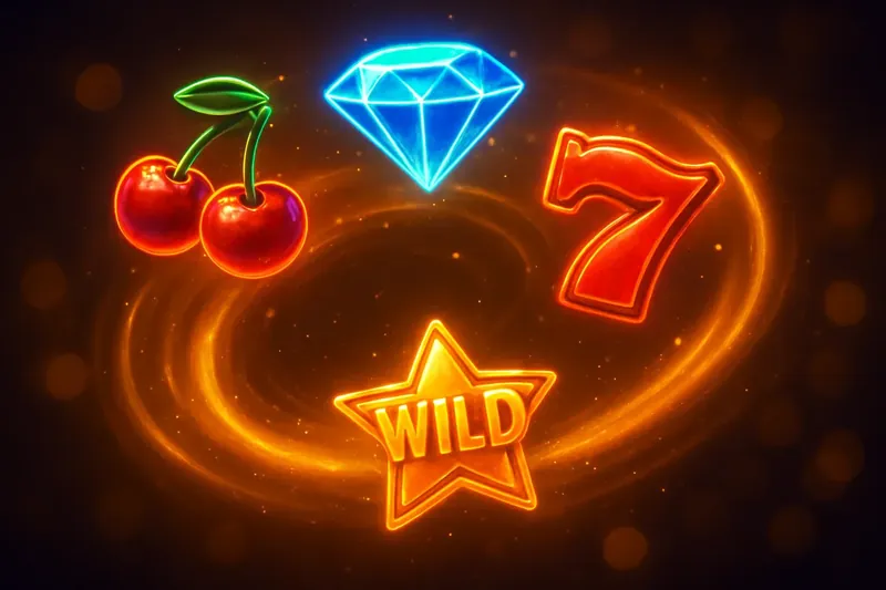 Colorful slot symbols in magical neon swirl on dark background