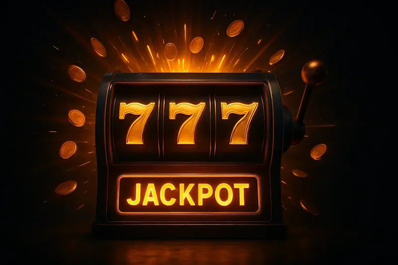 Slot machine jackpot with golden 777 reels, exploding coins, neon light beams